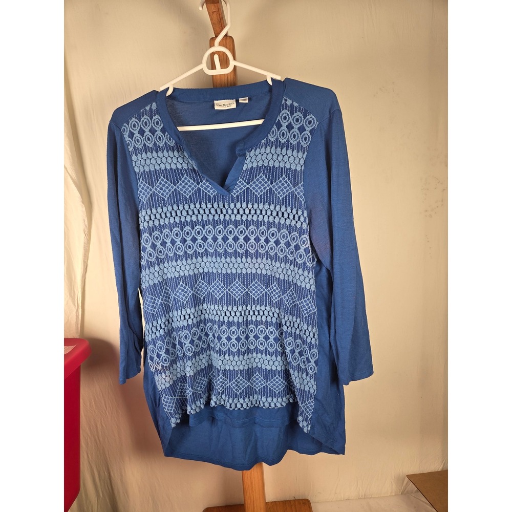 Kim Rogers Petite Blue Crochet Lace Front High Low Top PXL Long Sleeve Blouse